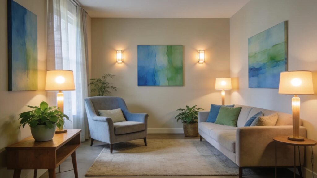 Therapy room for EMDR sessions with calming decor and comfortable seating