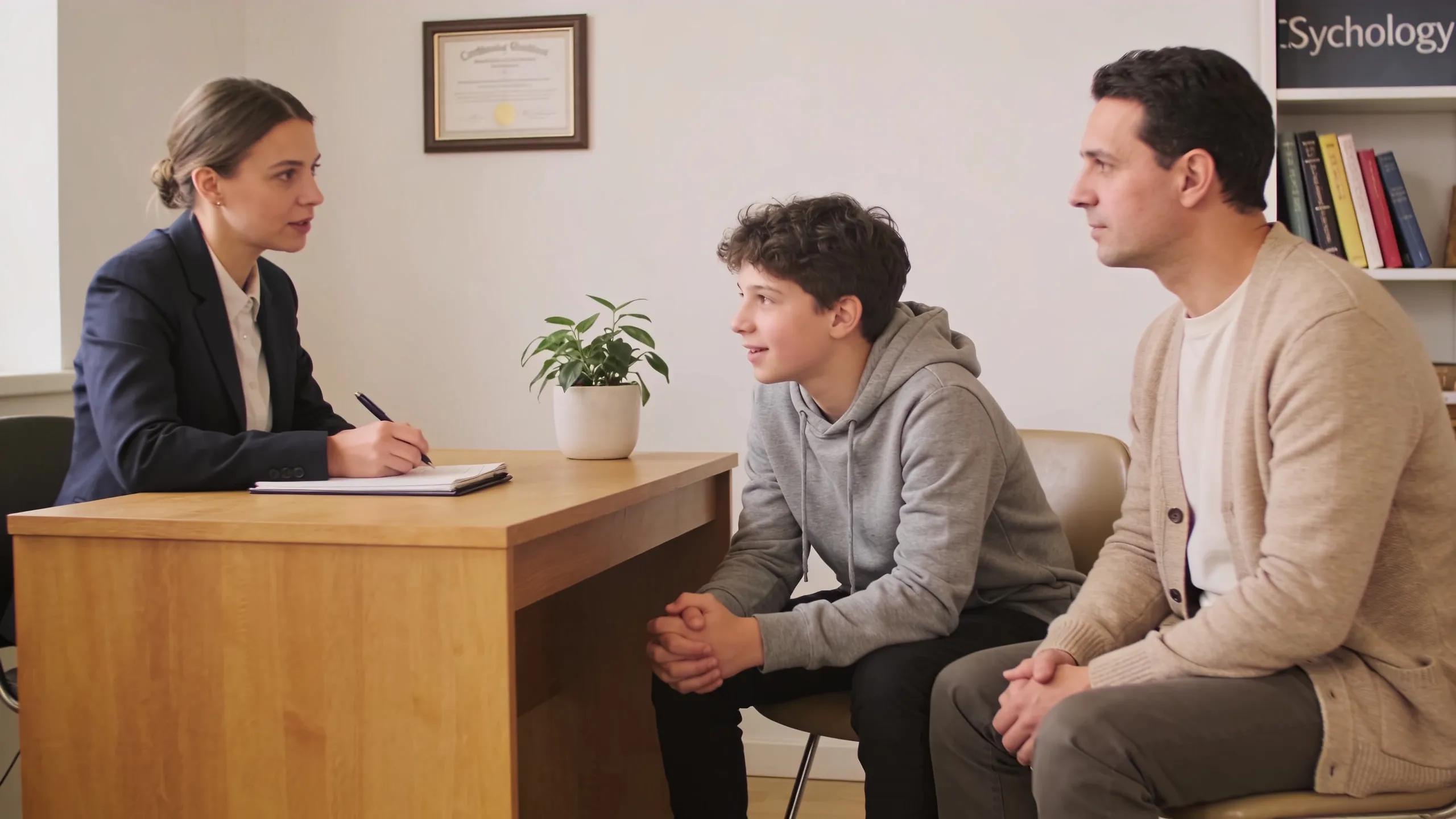 Therapist with teenager and parent, depicting the steps to schedule therapy appointments