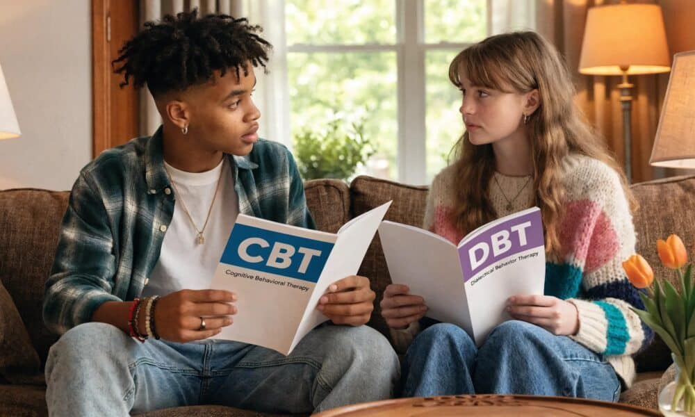 Teenagers discussing therapy methods in a cozy living room setting