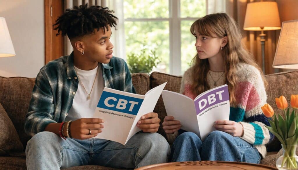 Teenagers discussing therapy methods in a cozy living room setting
