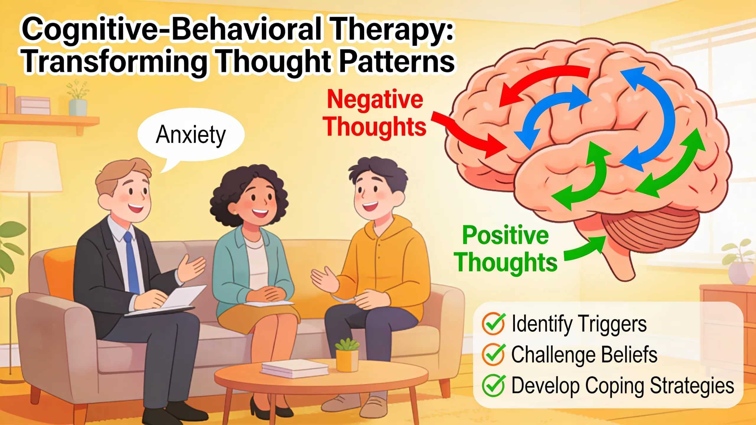 Visual representation of cognitive behavioral therapy process addressing anxiety and depression