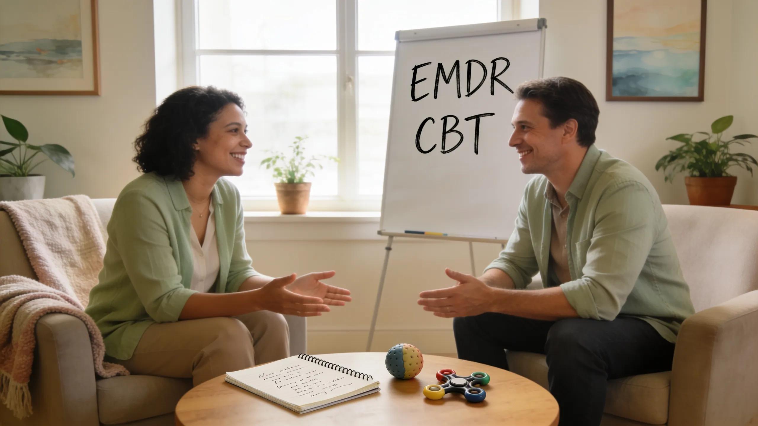 Therapist explaining EMDR and CBT strategies to an adult client in a comforting therapy setting