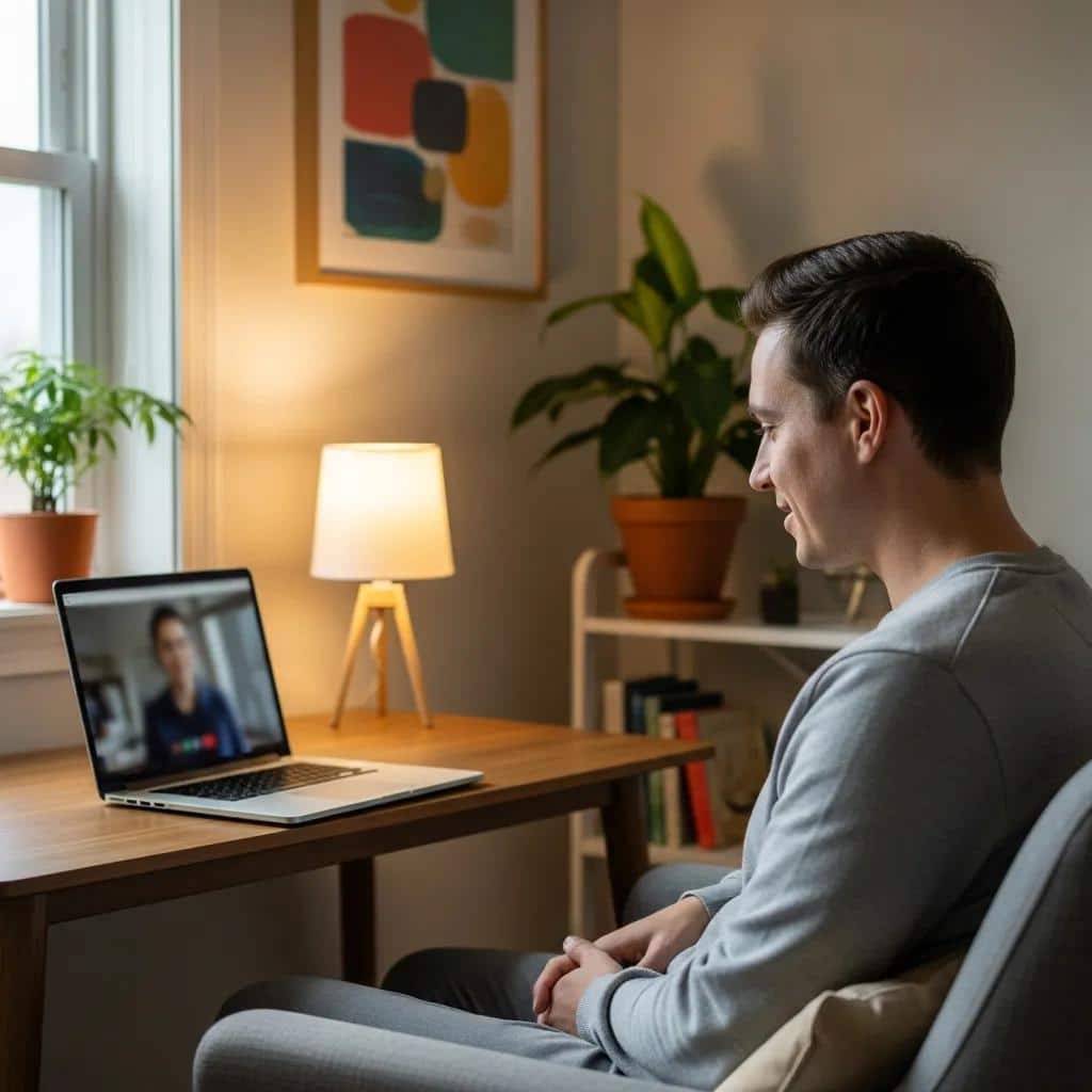A person participating in a virtual therapy session at home, illustrating the benefits of online counseling