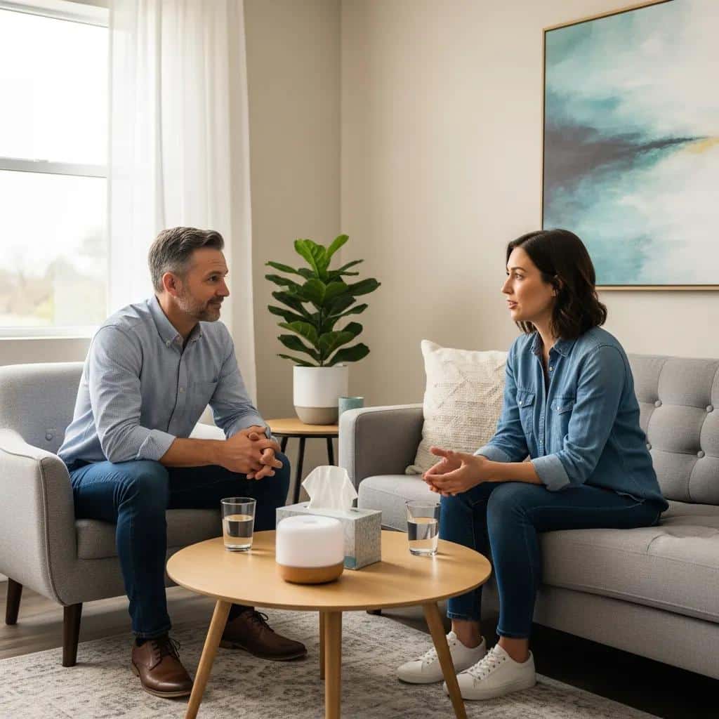 A therapist and client in a face-to-face session, emphasizing the advantages of in-person therapy