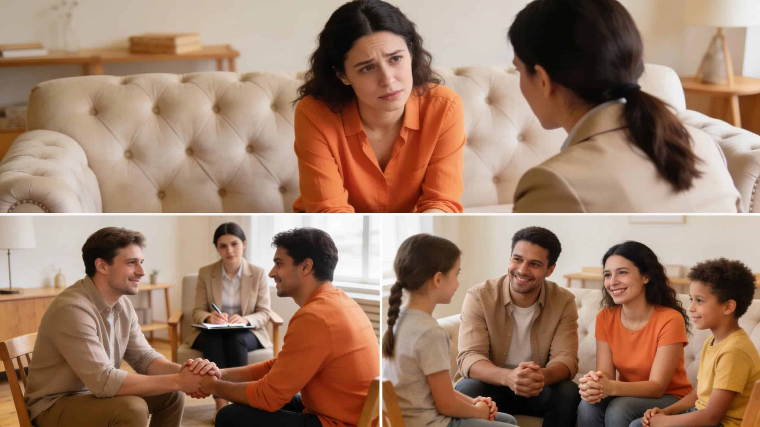 People participating in various therapy types like individual, couples, and family therapy sessions