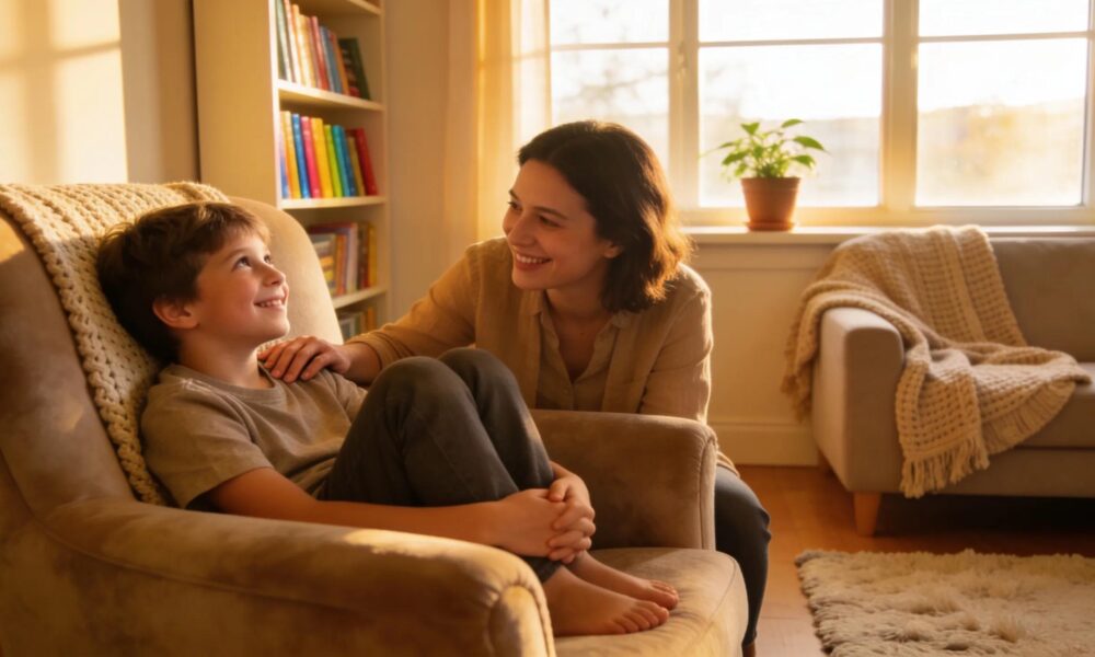 Child and adult in a comforting setting discussing anxiety treatment options