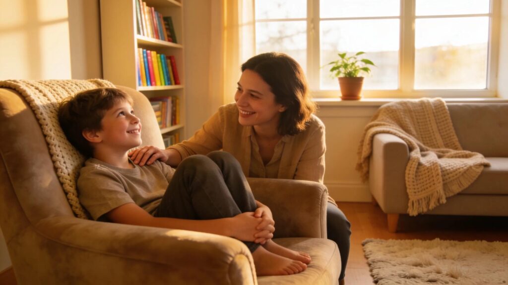 Child and adult in a comforting setting discussing anxiety treatment options