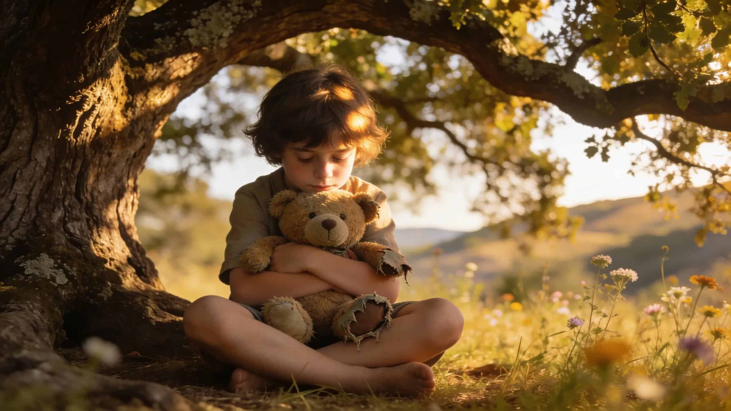 Child experiencing grief and reflection in a serene outdoor setting