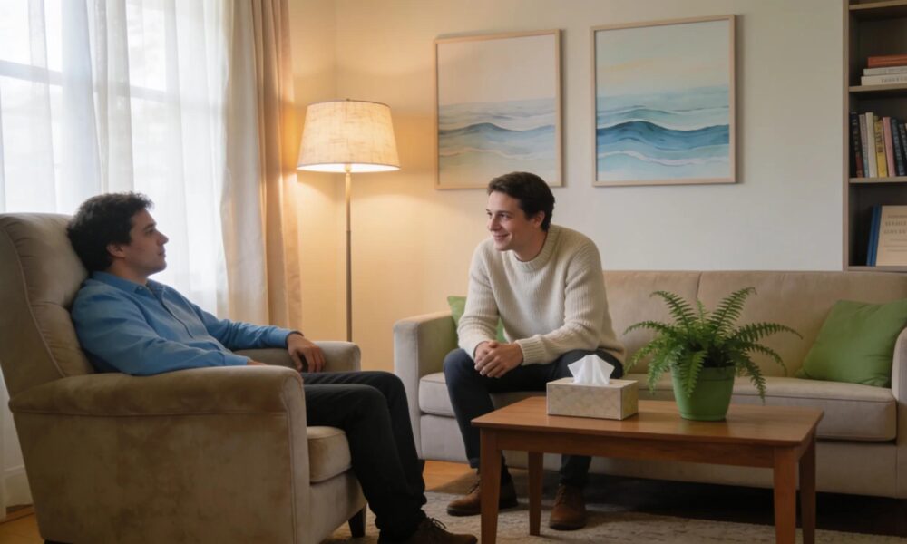 Warm therapy room showcasing compassionate anxiety treatment environment