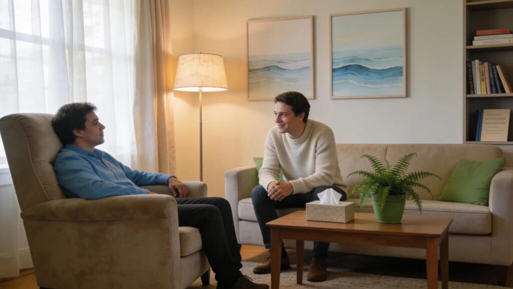 Warm therapy room showcasing compassionate anxiety treatment environment