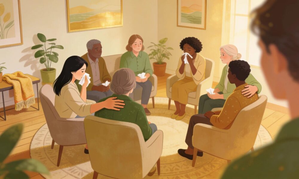 A diverse group in a supportive therapy session about grief therapy