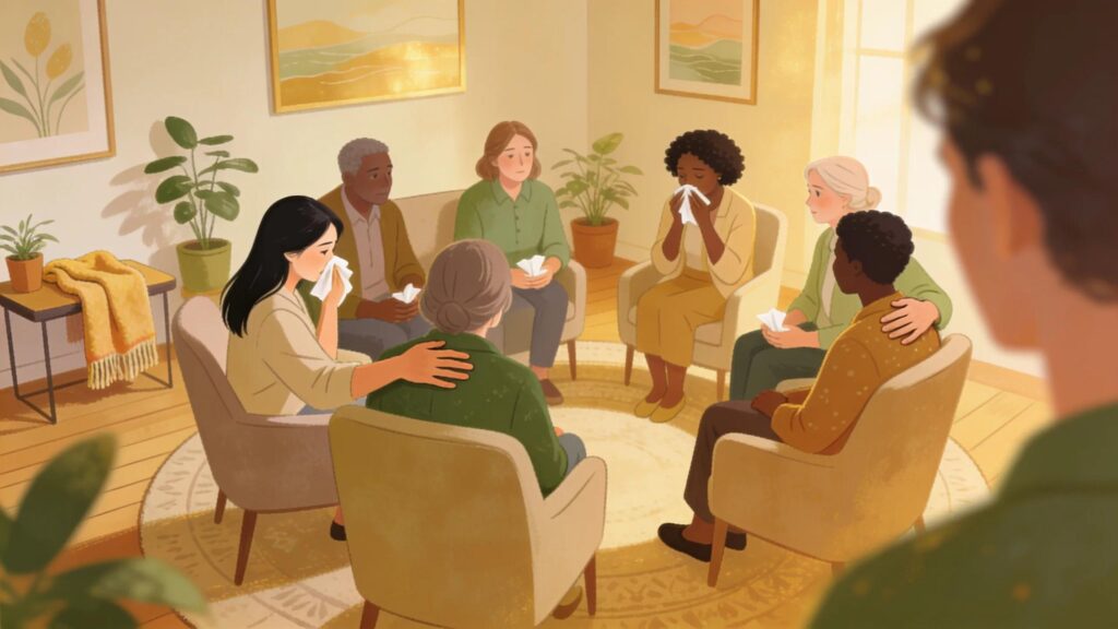 A diverse group in a supportive therapy session about grief therapy