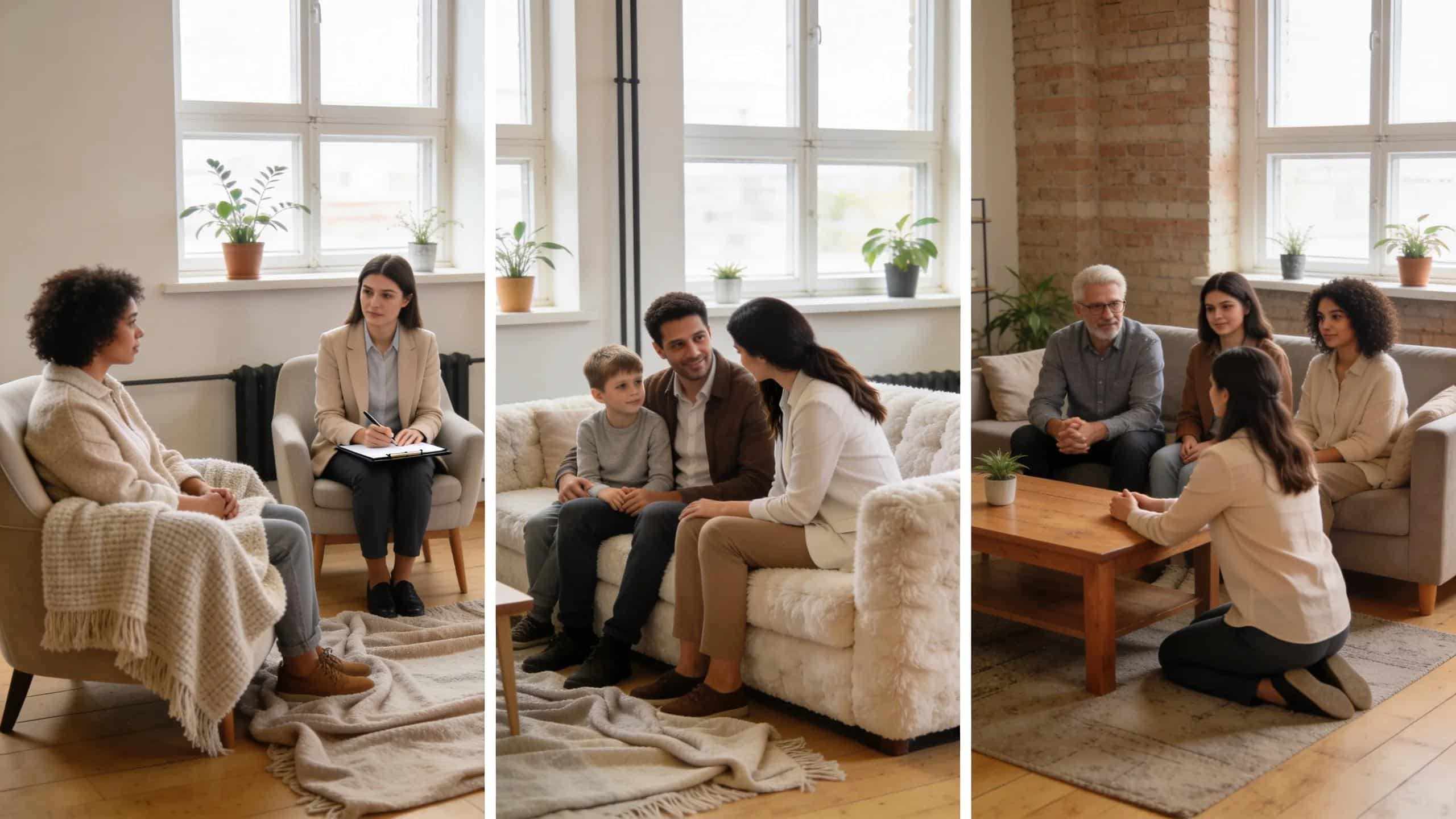 Various therapy sessions illustrating individual, couples, and family counseling dynamics