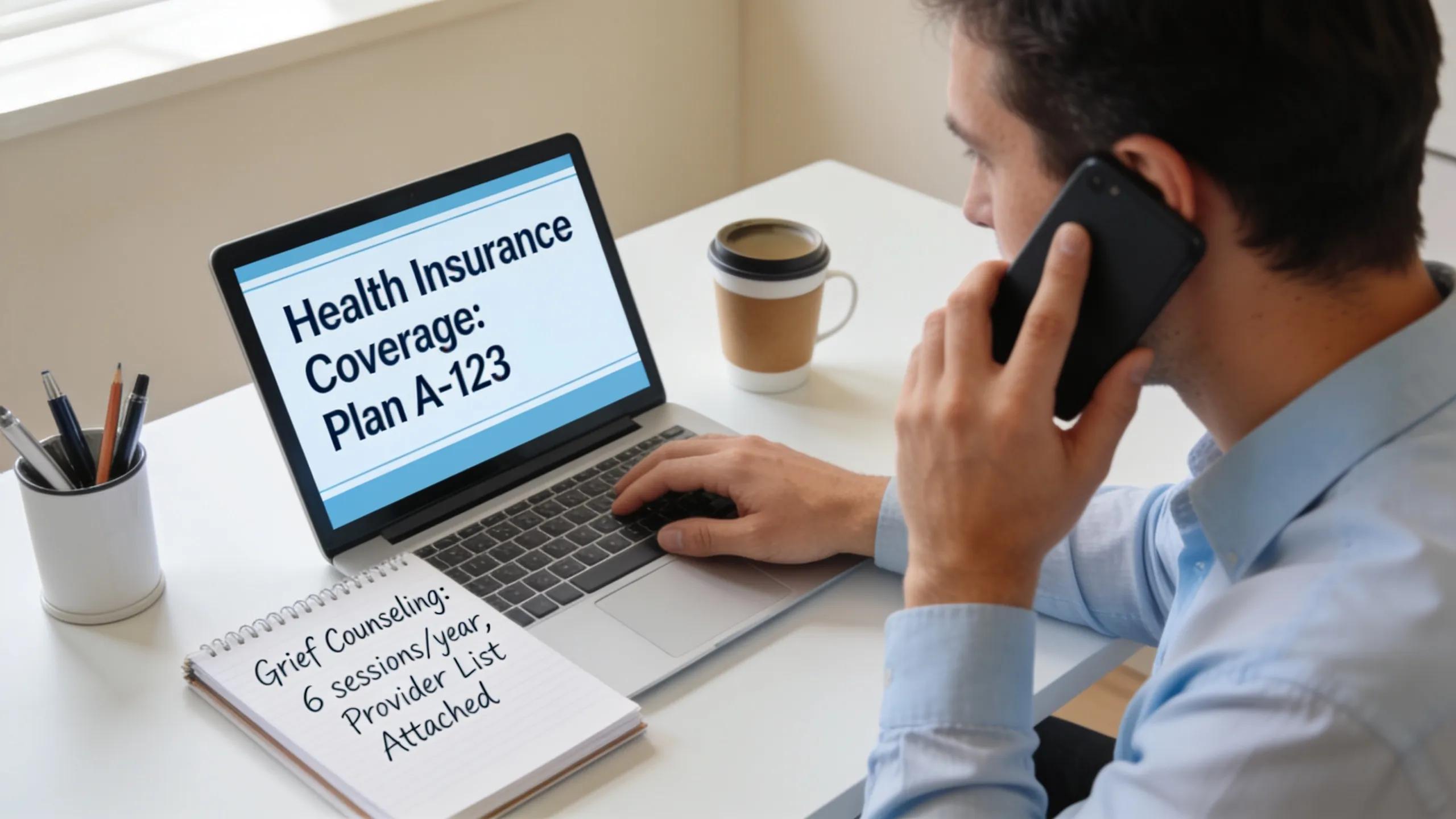 Client verifying mental health insurance benefits for grief counseling