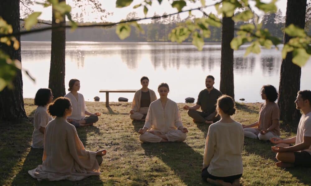 Mindfulness meditation in a peaceful outdoor setting promoting mental well-being