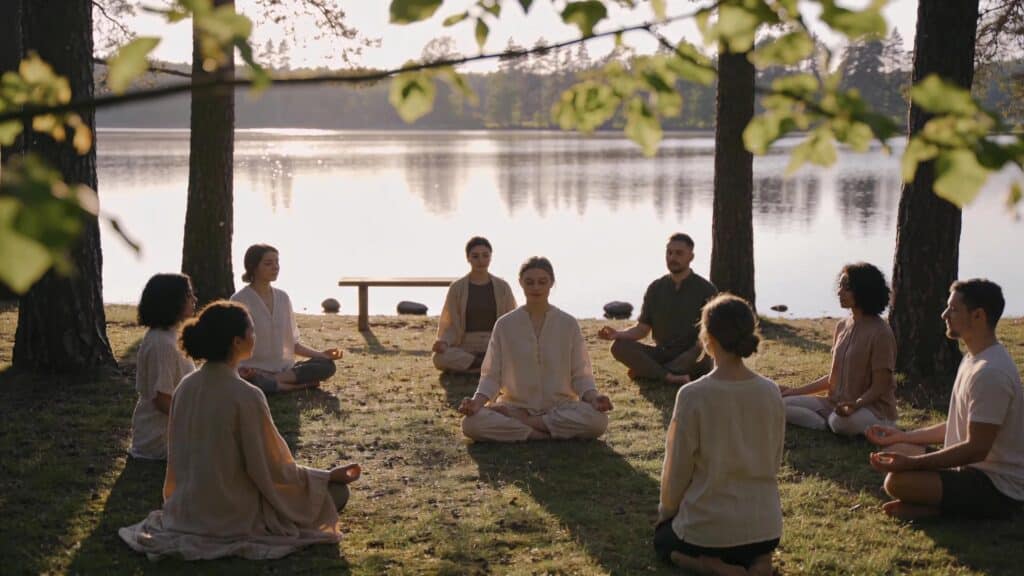 Mindfulness meditation in a peaceful outdoor setting promoting mental well-being