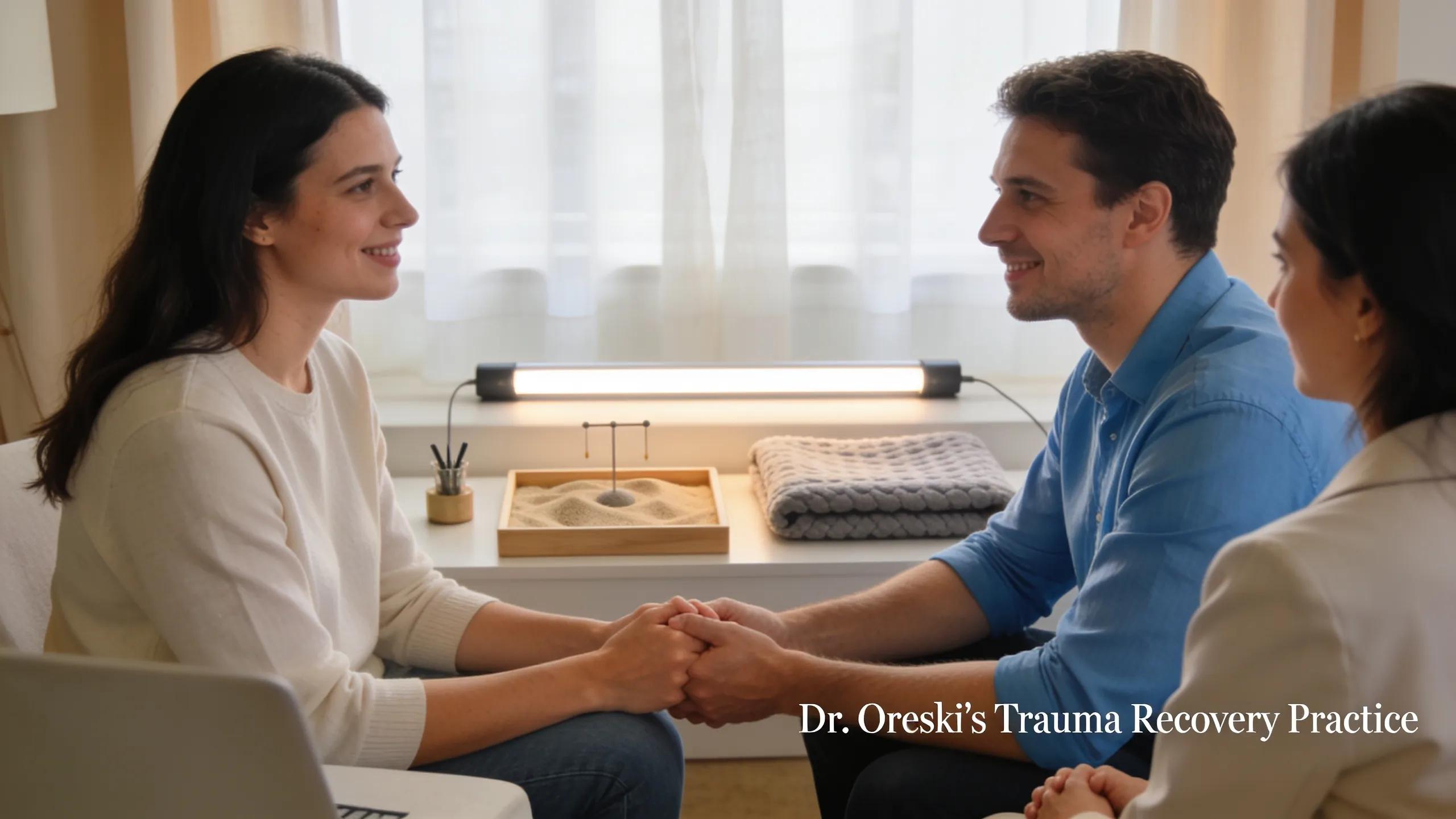 Couples therapy session focusing on EMDR techniques for trauma recovery in a peaceful environment