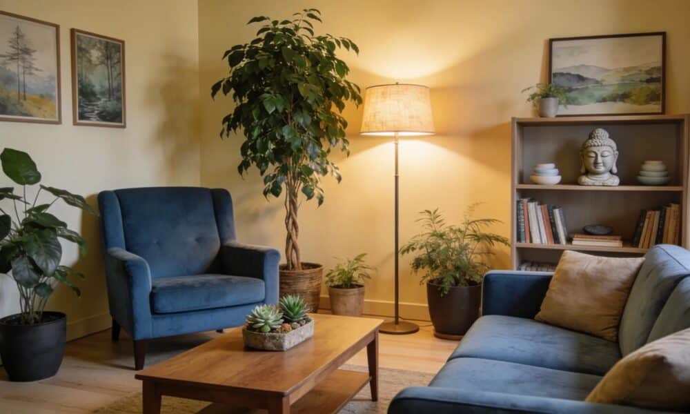 Comfortable therapy office setting designed for mental health counseling, featuring inviting decor and calming atmosphere