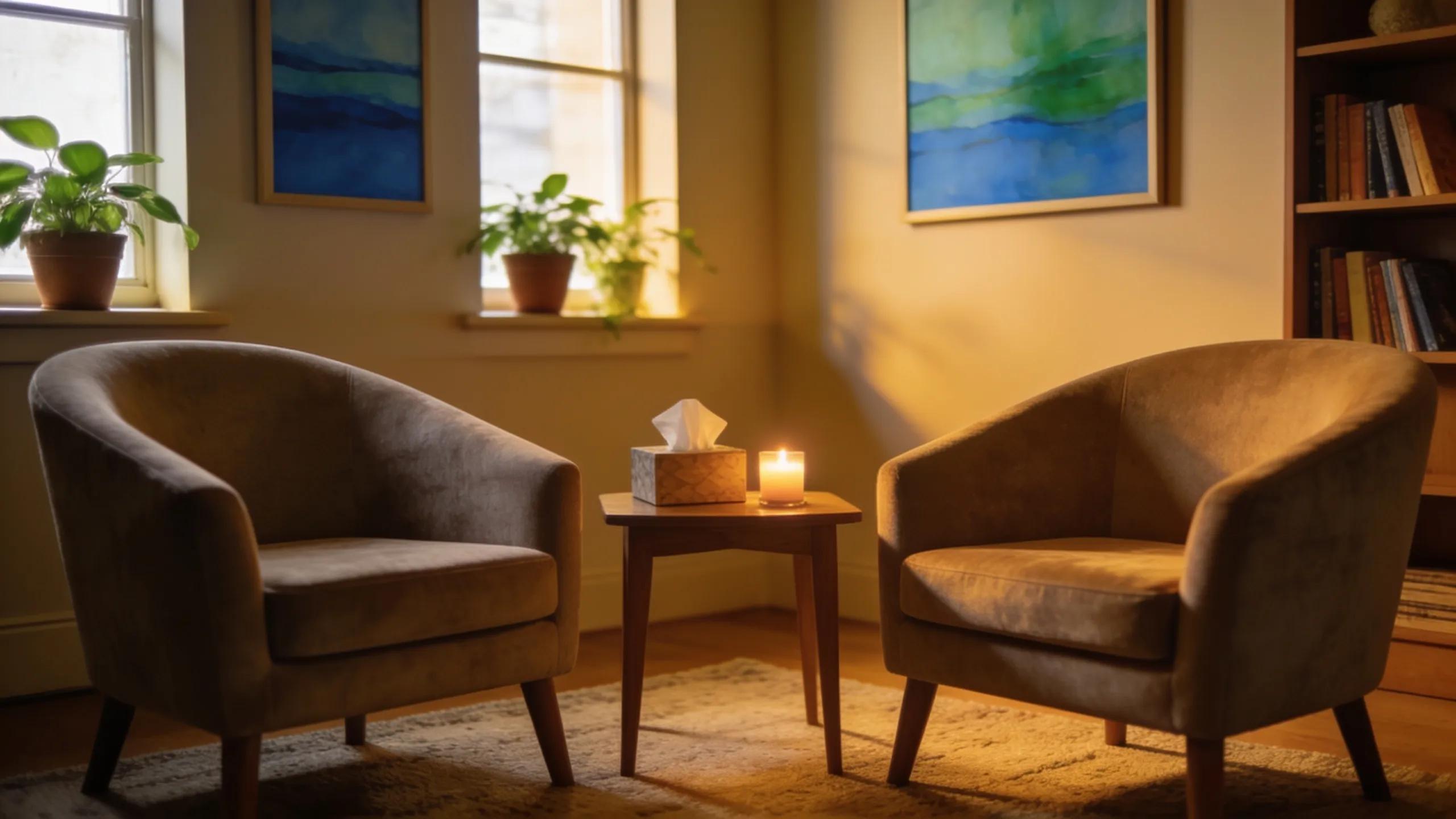 Cozy therapy room for grief counseling, emphasizing comfort and safety