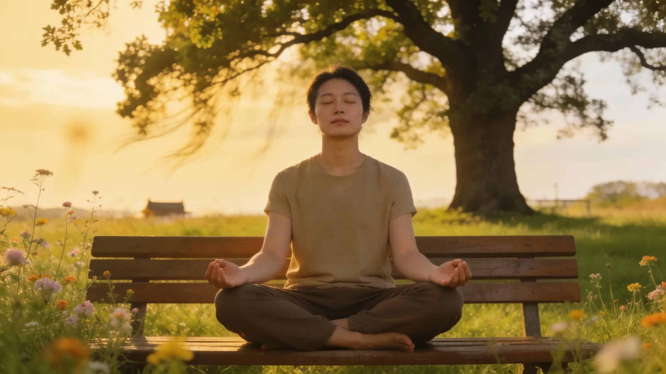 Individual practicing mindfulness in a tranquil outdoor setting