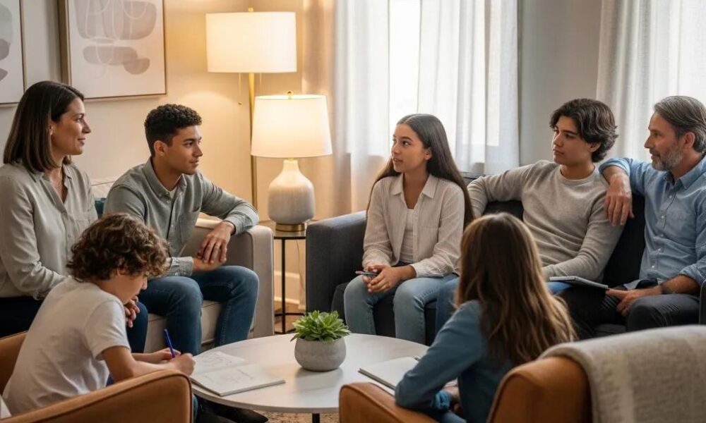 Family therapy session with diverse family members and therapist in a cozy setting