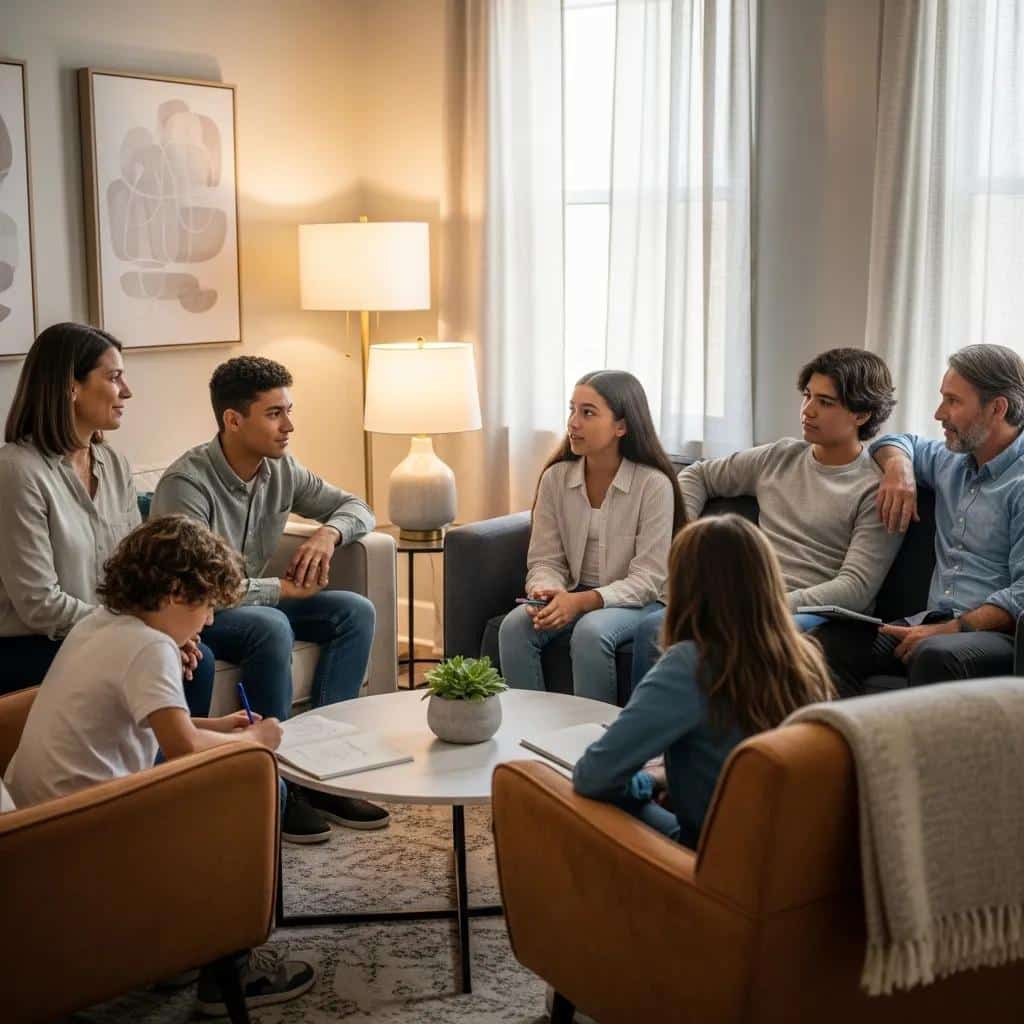 Family therapy session with diverse family members and therapist in a cozy setting