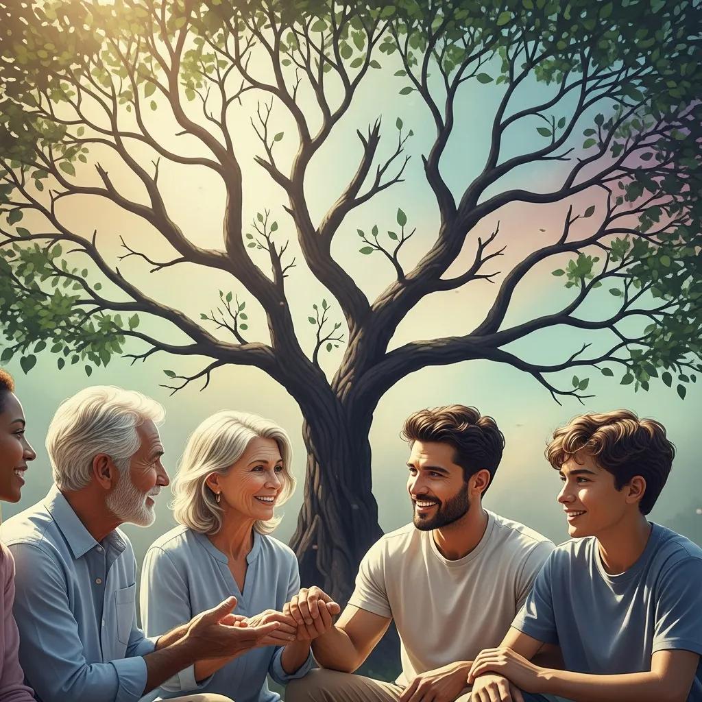 Family tree symbolizing intergenerational trauma with family members discussing healing