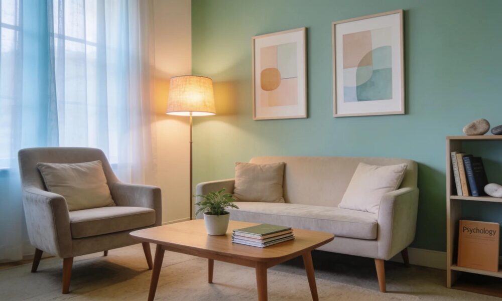 Therapy office with comfortable seating and calming decor for licensed therapists
