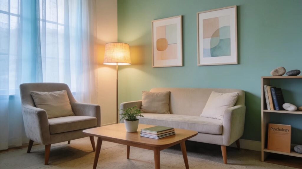 Therapy office with comfortable seating and calming decor for licensed therapists