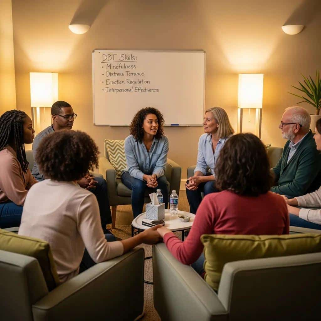 Group therapy session illustrating the benefits of DBT for emotional regulation and support