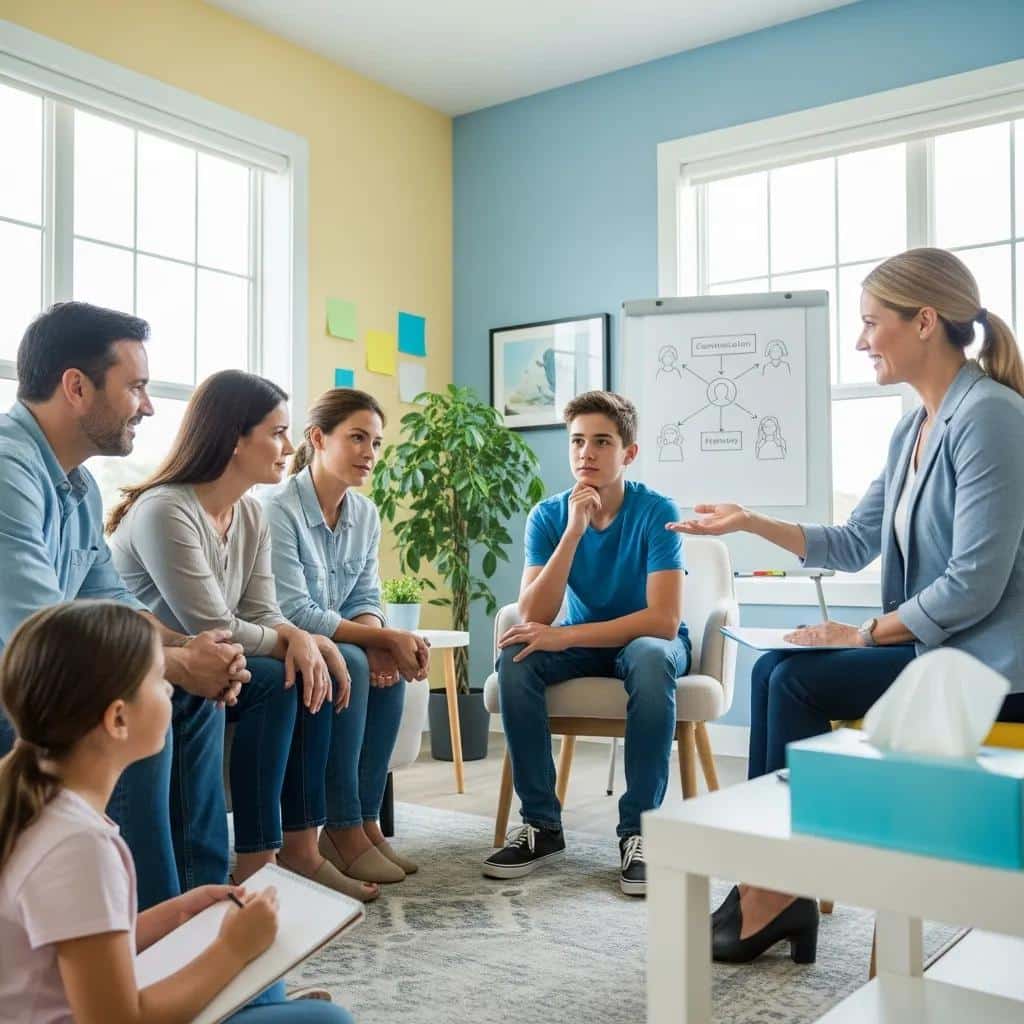 Therapist guiding family through role-playing exercise in therapy session