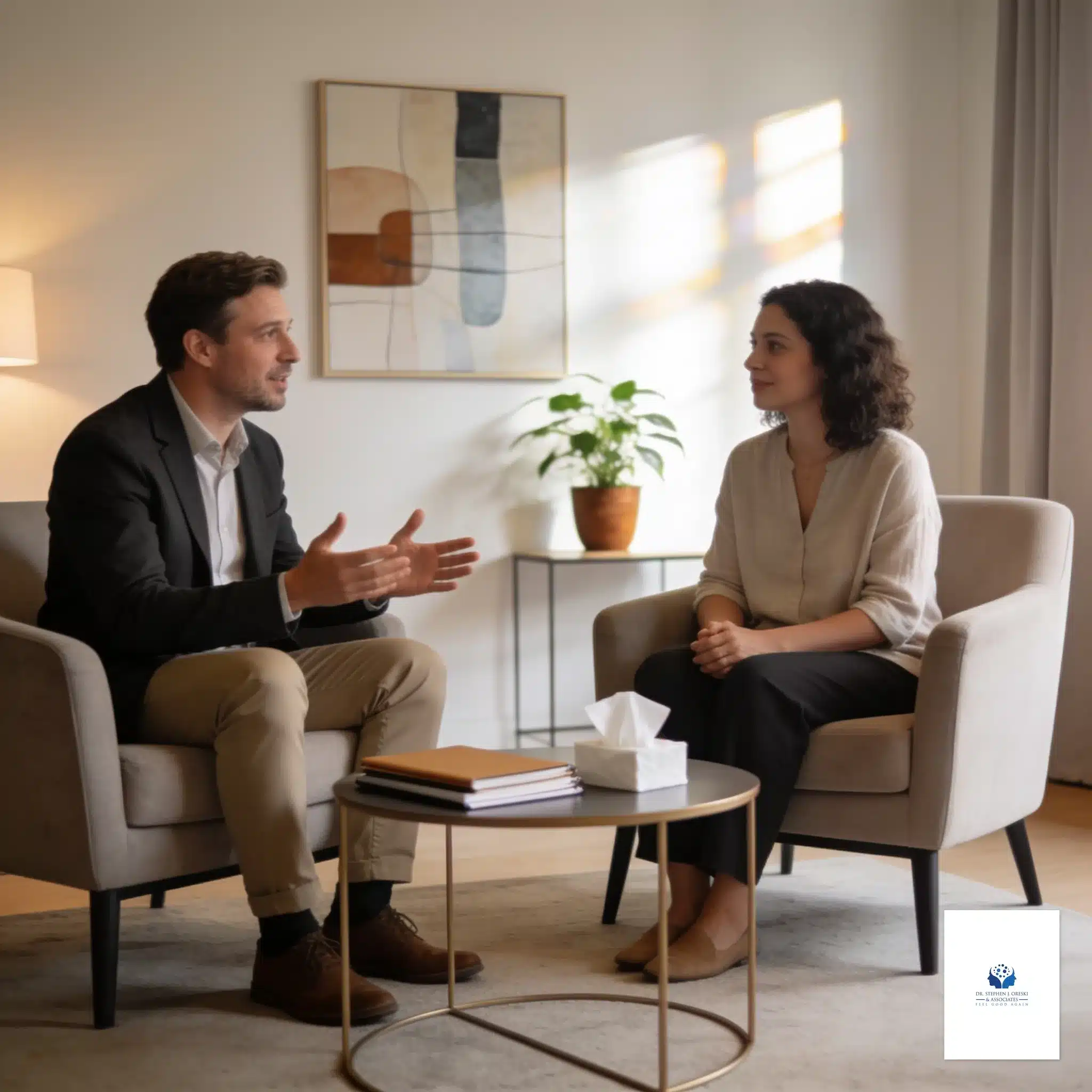 Therapy office with comfortable furniture and calming decor for mental health support