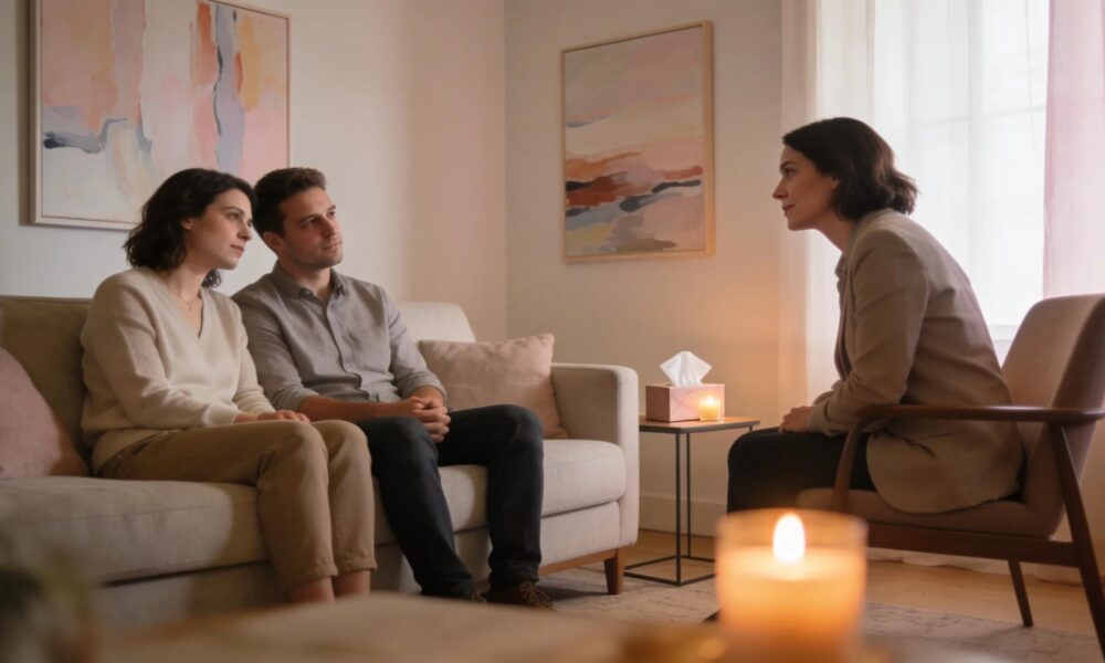 Couples therapy session in a warm therapy room with a couple discussing their emotions