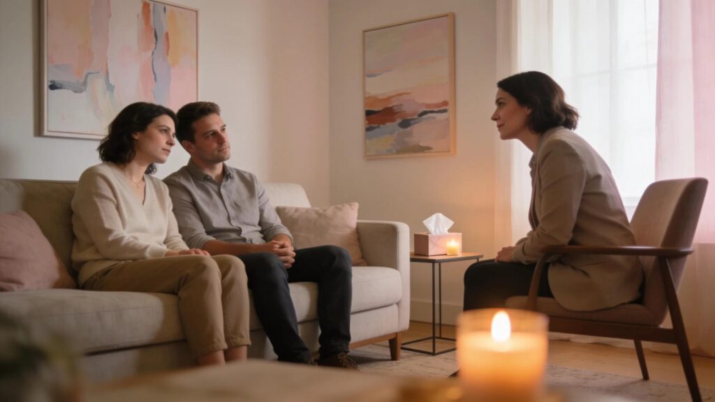 Couples therapy session in a warm therapy room with a couple discussing their emotions
