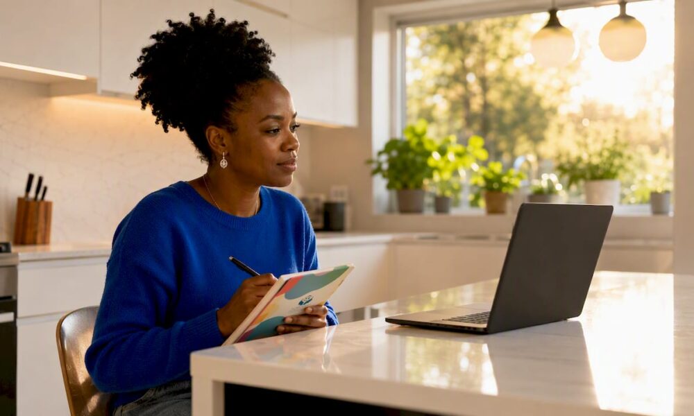 Woman in home office during online counseling session