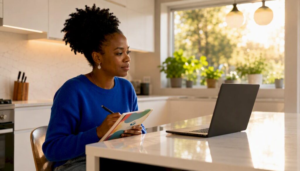 Woman in home office during online counseling session