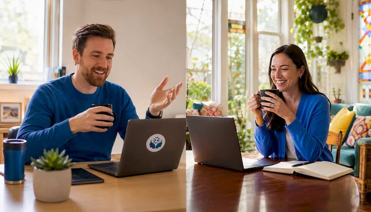 Remote employees connecting over video coffee chat