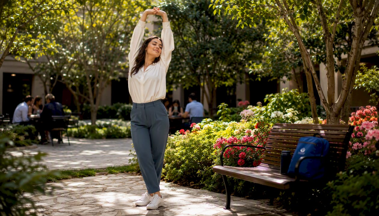 Employee stretching during micro break at desk