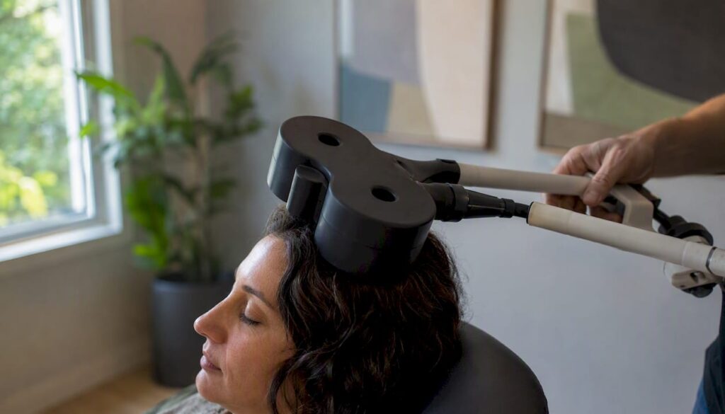 TMS therapy coil on patient scalp