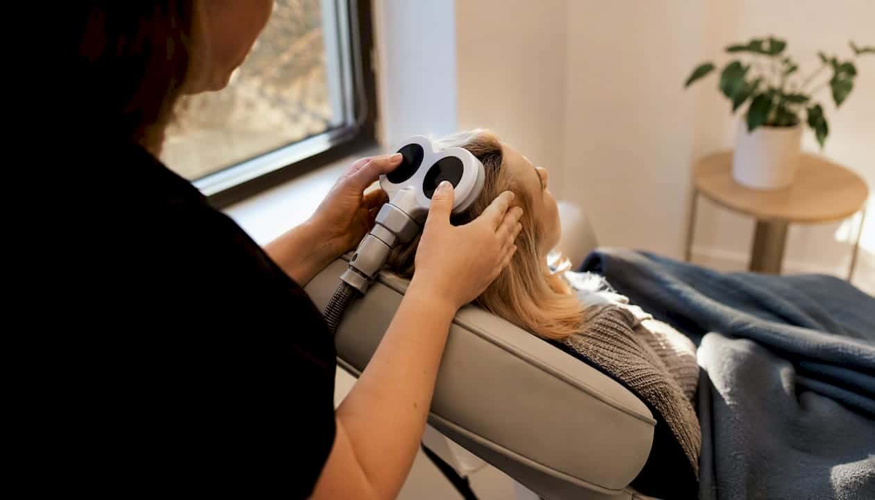 Technician positioning TMS coil on scalp