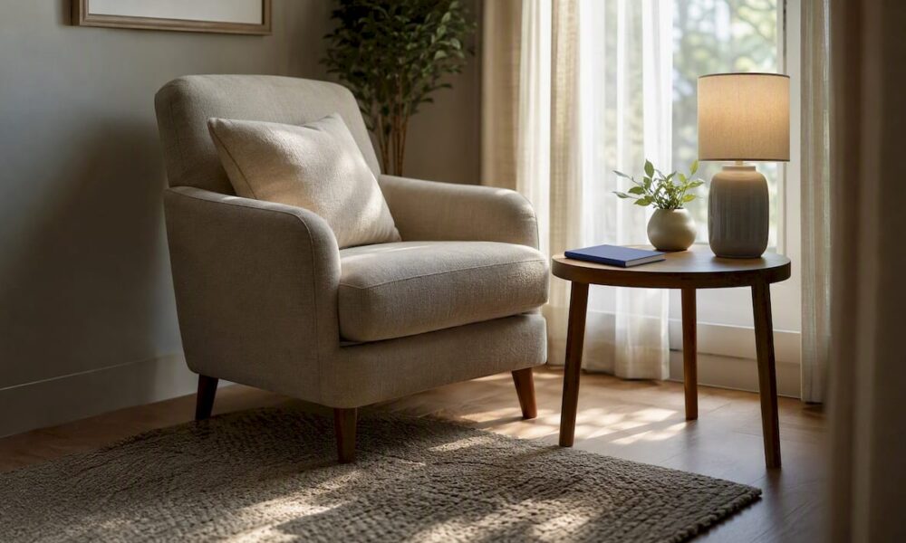 Empty therapy room with chair and lamp