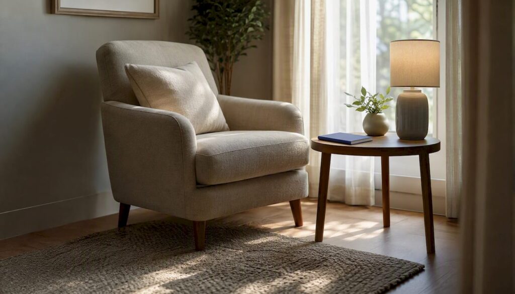 Empty therapy room with chair and lamp