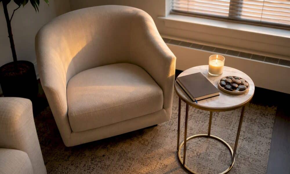 Therapy room table with symbolic puzzle and rings