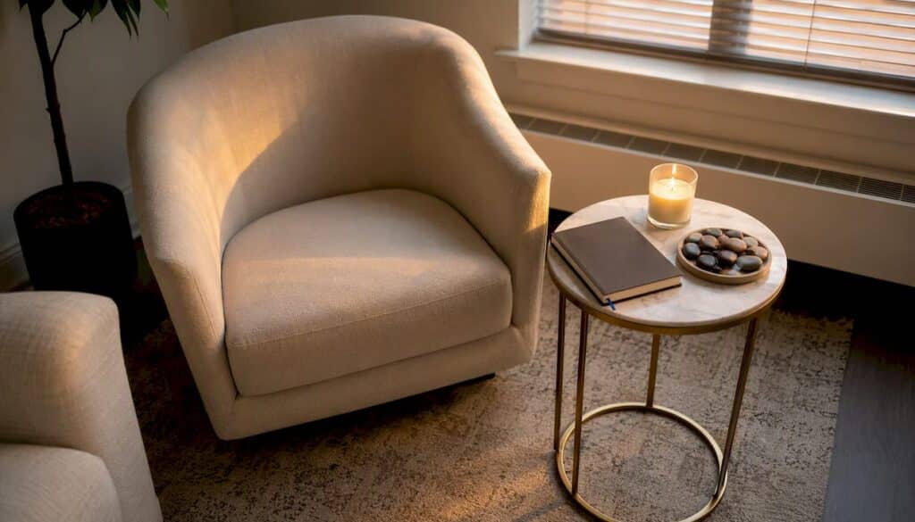 Therapy room table with symbolic puzzle and rings