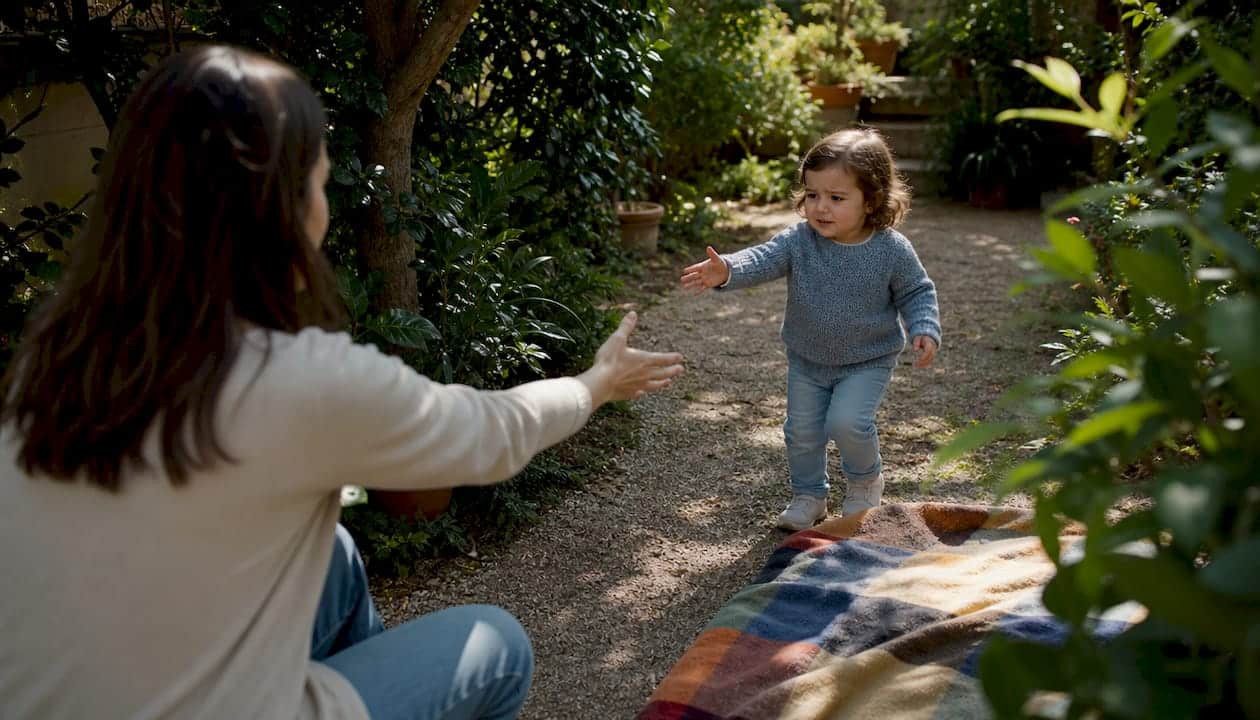 Child with conflicted attachment reaching hesitantly