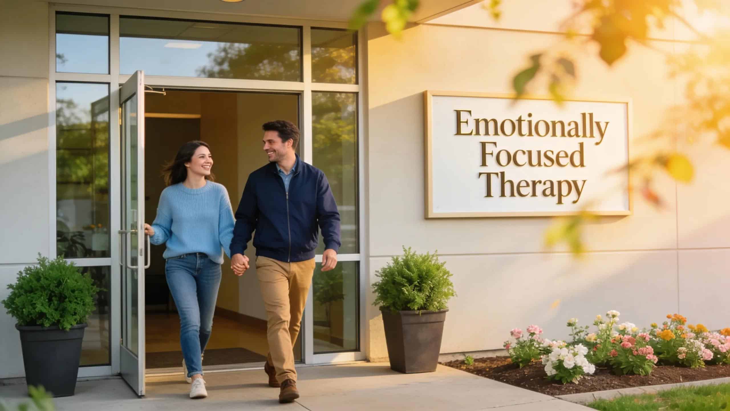 Couple leaving a therapy office, symbolizing the beginning of their journey in emotionally focused therapy