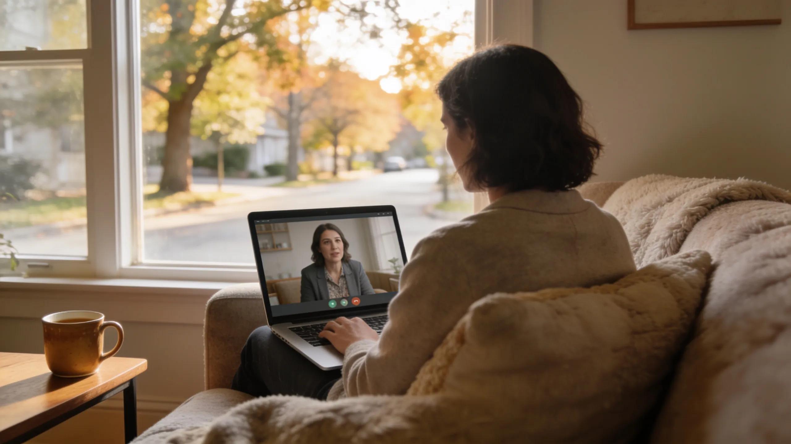 Individual engaged in a teletherapy session at home, demonstrating accessibility of anxiety treatment