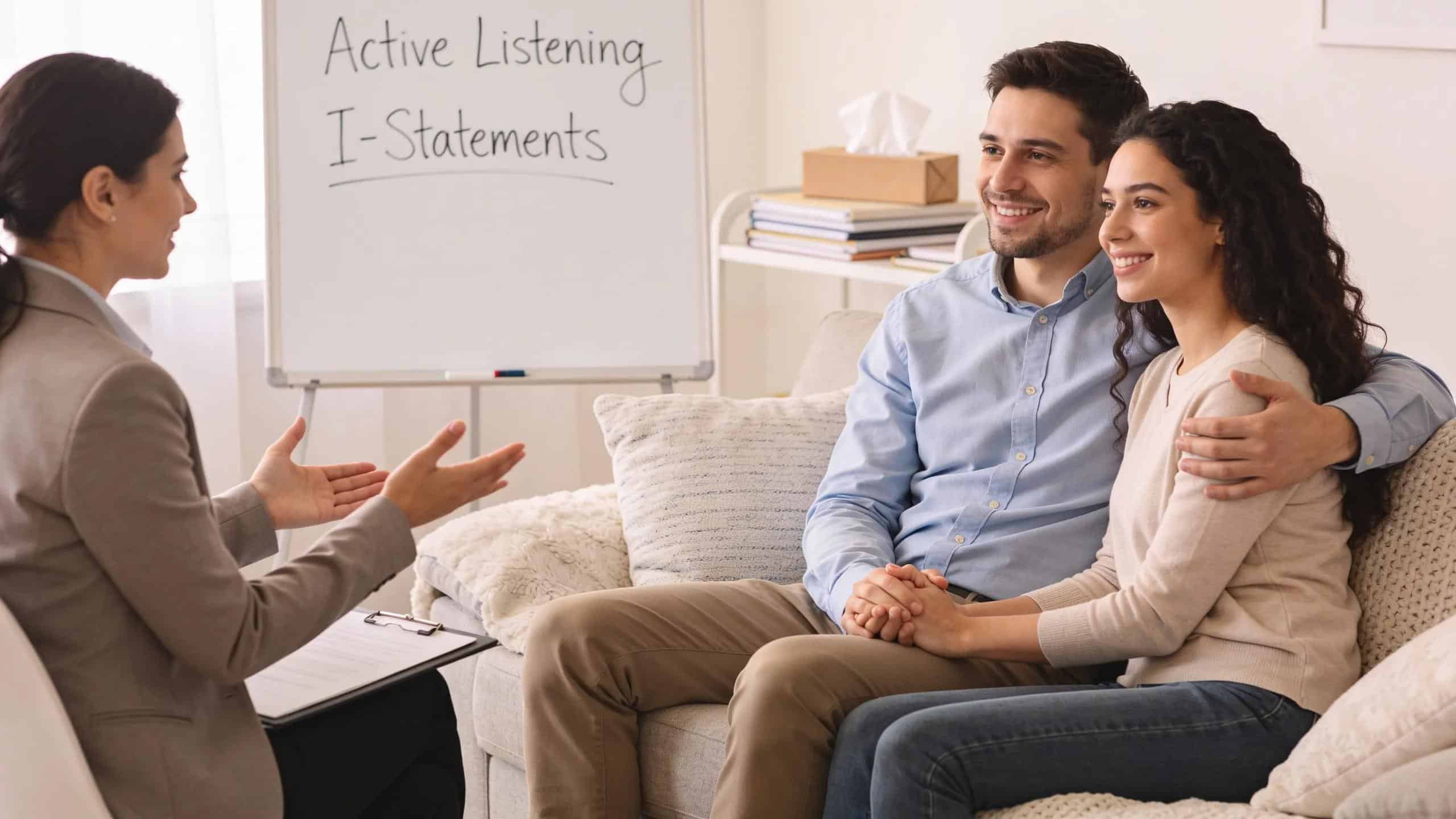 Couple working on trust rebuilding with a therapist's guidance
