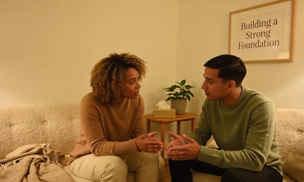 Diverse couple engaged in premarital counseling discussion in a cozy setting