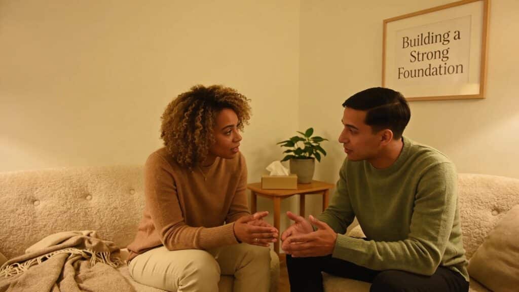 Diverse couple engaged in premarital counseling discussion in a cozy setting